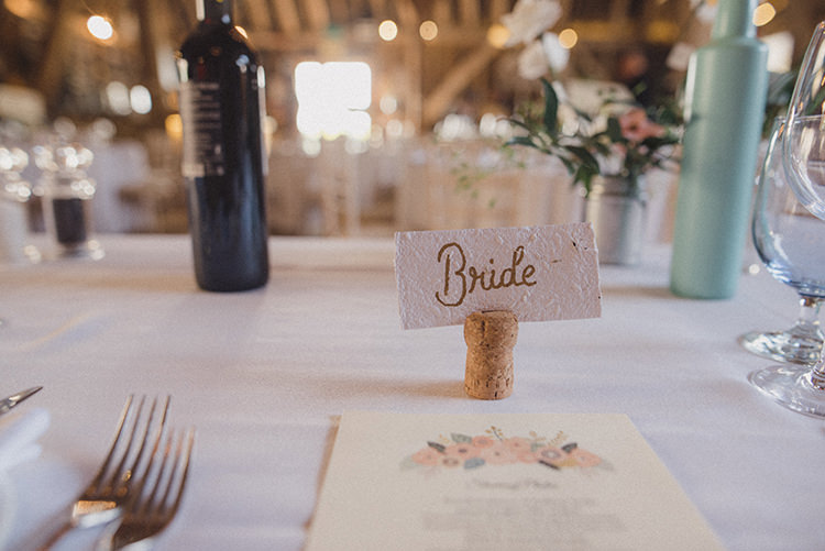 Paper Card Place Name Setting Cork Calligraphy Relaxed Home Made Love Barn Wedding http://www.rebeccadouglas.co.uk/