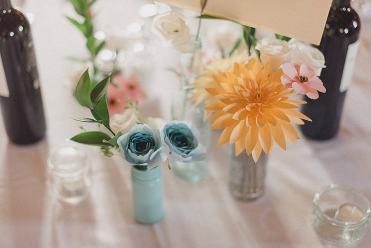 Paper Flowers Centrepiece Vases Bottles Decor Relaxed Home Made Love Barn Wedding http://www.rebeccadouglas.co.uk/
