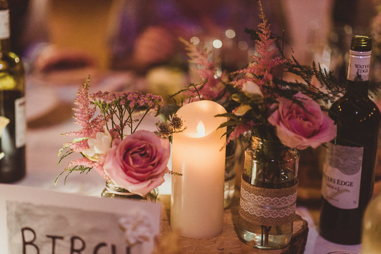Burlap Hessian Lace Jar Candle Wood Slice Rose Flowers Enchanting Woods Inspired Country Wedding http://alexapenberthy.com/