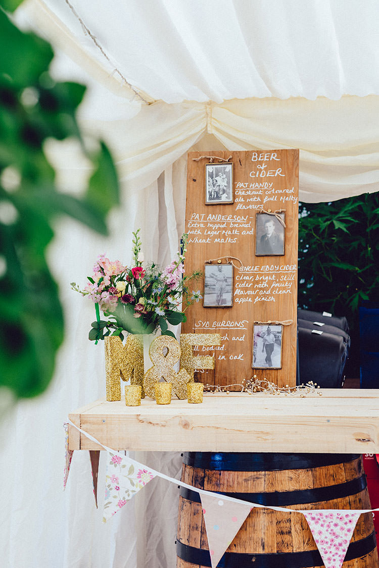 Personalised Barrel Bar Beer Grandparents Glitter Letters Votive Candles Bunting Humanist Hand Made Orchard Garden Wedding http://www.curiousrosephotography.com/