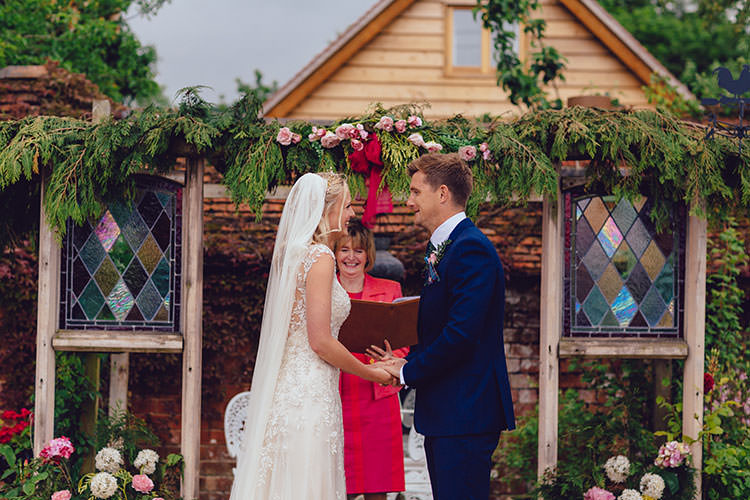 Bride Bridal Maggie Sottero Dress Gown Hair Vine Veil Ceremony Backdrop Foliage Floral Peonies French Connection Groom Suit Humanist Hand Made Orchard Garden Wedding http://www.curiousrosephotography.com/