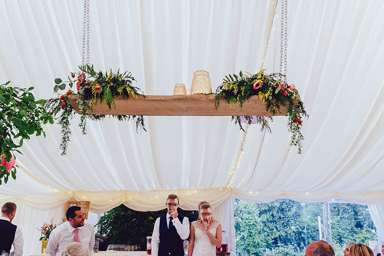 Mr & Mrs Reception Game Couple Hanging Floral Plank Arrangement Foliage Humanist Hand Made Orchard Garden Wedding http://www.curiousrosephotography.com/
