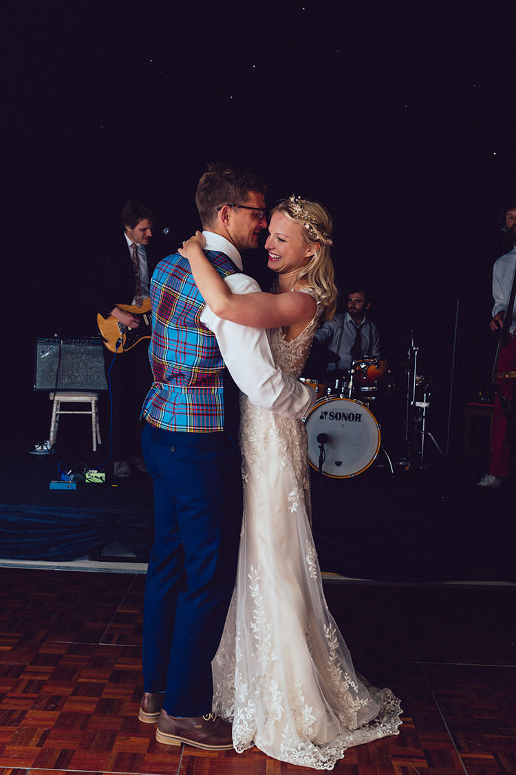 Bride Bridal Maggie Sottero Gown Dress Hair Vine French Connection Groom Family Clan Tartan Waistcoat Humanist Hand Made Orchard Garden Wedding http://www.curiousrosephotography.com/