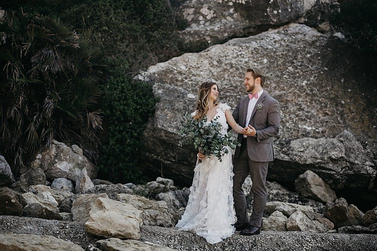 Bride Groom Rocks Beach Whimsical Greenery Wedding Ideas Sea http://eglejo.lt/