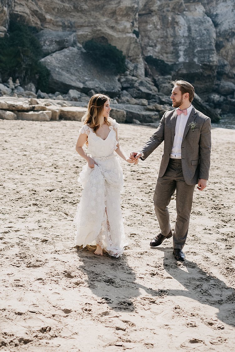 Bride Groom Hand Holding Beach Whimsical Greenery Wedding Ideas Sea http://eglejo.lt/
