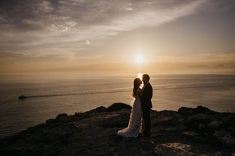 Bride Groom Cliff Sunset Whimsical Greenery Wedding Ideas Sea http://eglejo.lt/
