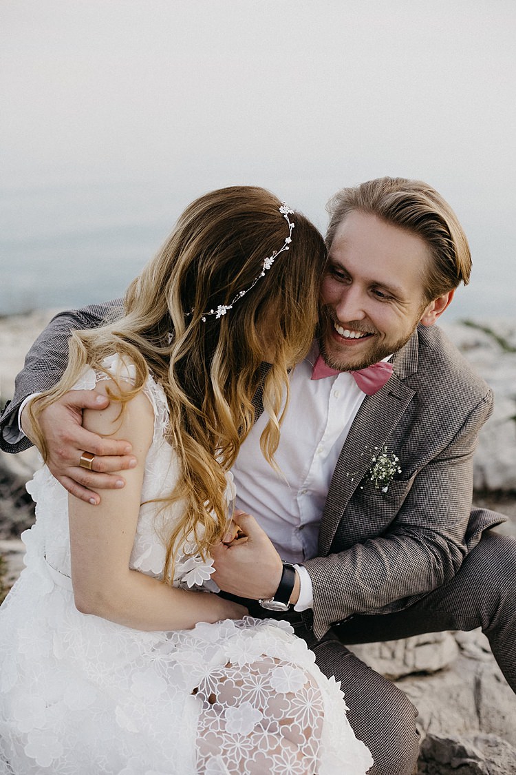 Bride Groom Sitting Laugh Whimsical Greenery Wedding Ideas Sea http://eglejo.lt/