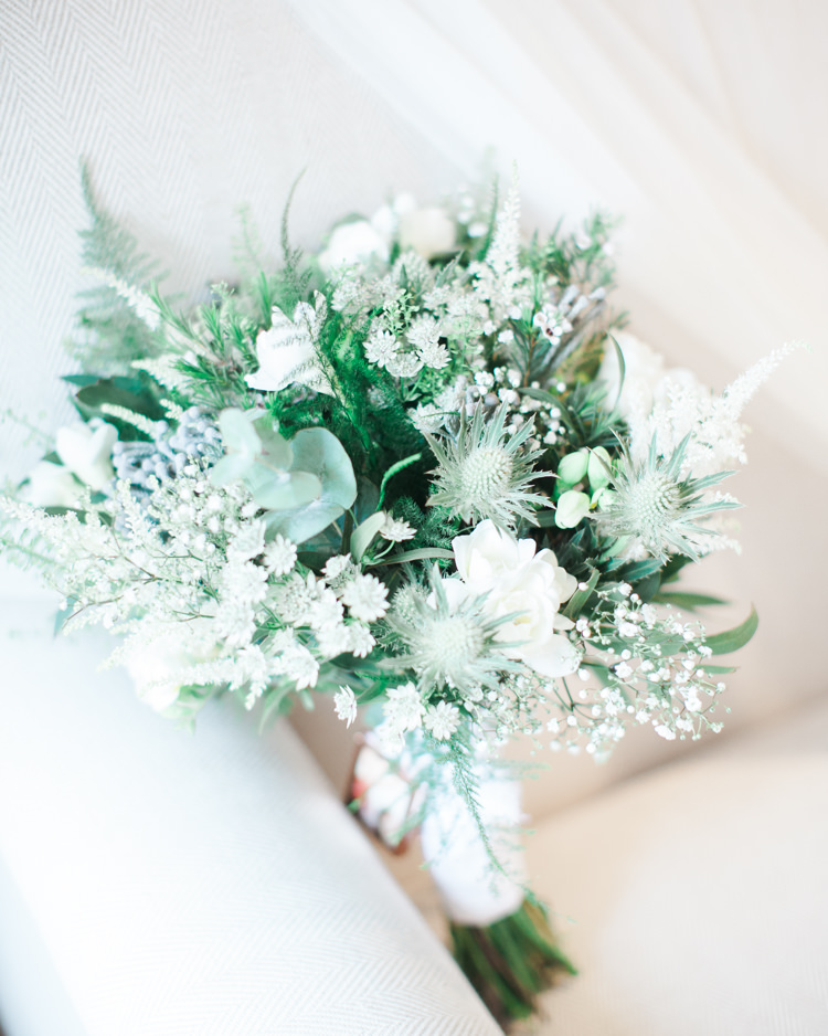 Greenery Foliage Bouquet Thistle Fern Bride Bridal Gypsophila Beautifully Authentic Rustic Country House Wedding https://www.nikkismoments.com/