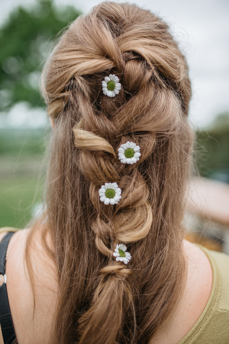 Bride Bridal Flowers Hair Daisies Plait Braid Half Up Down Outdoor Farm Wedding 1970s Dress https://www.magdak.co.uk/