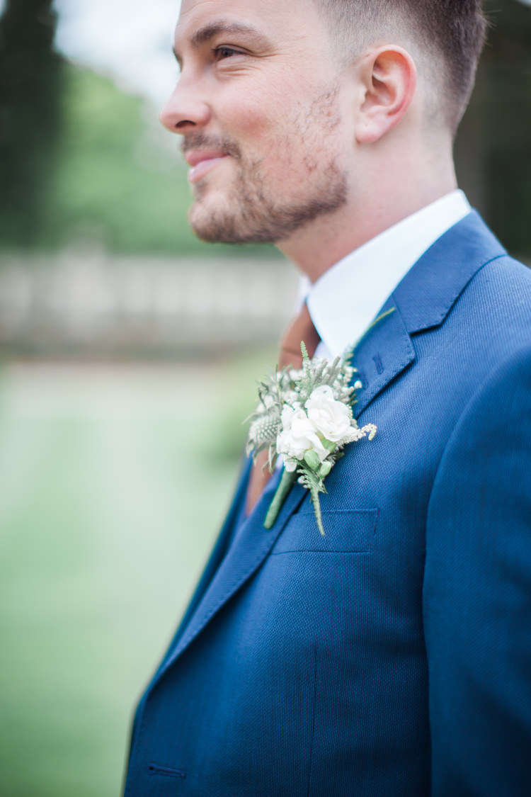 White Green Thistle Buttonhole Groom Beautifully Authentic Rustic Country House Wedding https://www.nikkismoments.com/