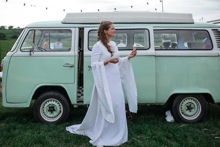 Bride Bridal Dress Gown Vintage Mum's Mother's Bell Sleeves VW Camper Van Outdoor Farm Wedding 1970s Dress https://www.magdak.co.uk/