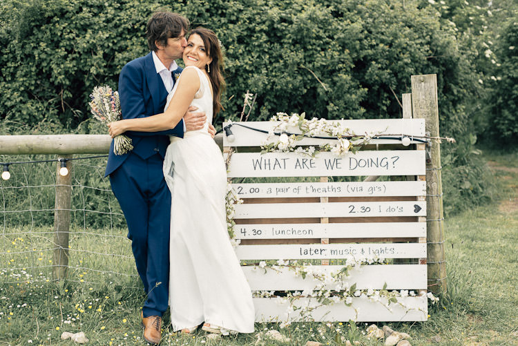 Bride Bridal Dress Gown Charlie Brear Reiss Groom Order of the Day Pallet Schedule Fun Laid Back DIY Rustic Marquee Wedding http://www.louisegriffinphotography.com/