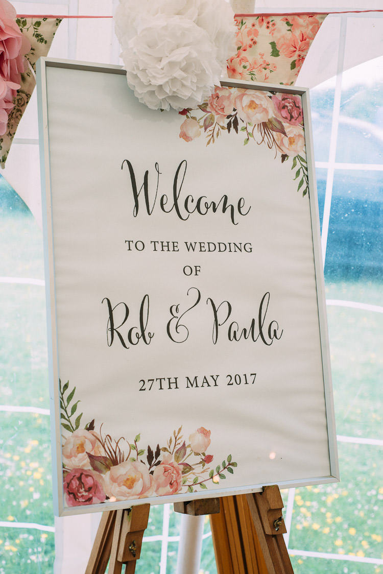 Welcome Sign Easel Floral Paper Pom Pom Bunting Pink Fun Laid Back DIY Rustic Marquee Wedding http://www.louisegriffinphotography.com/