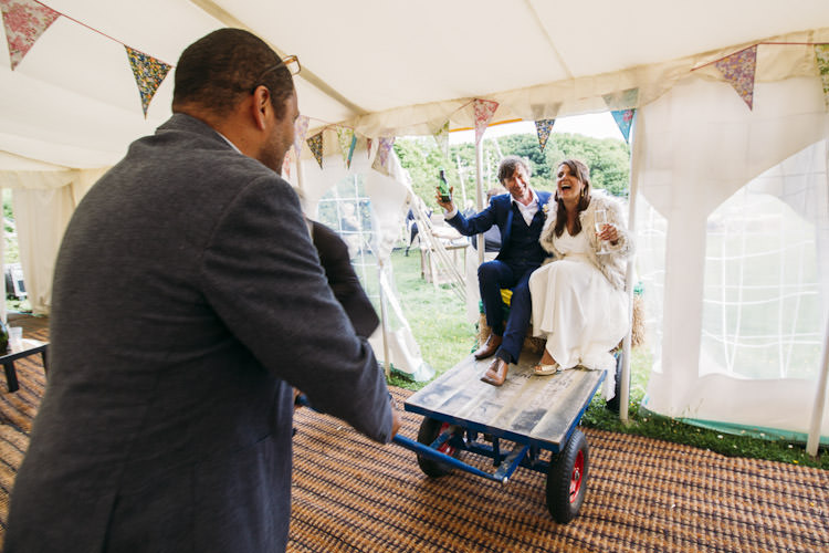New Mr & Mrs Entrance Flat Bed Trolley Bunting Fun Laid Back DIY Rustic Marquee Wedding http://www.louisegriffinphotography.com/