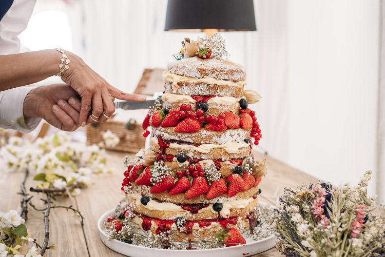 Naked Cake Summer Fruit Gypsophila Strawberries Fun Laid Back DIY Rustic Marquee Wedding http://www.louisegriffinphotography.com/