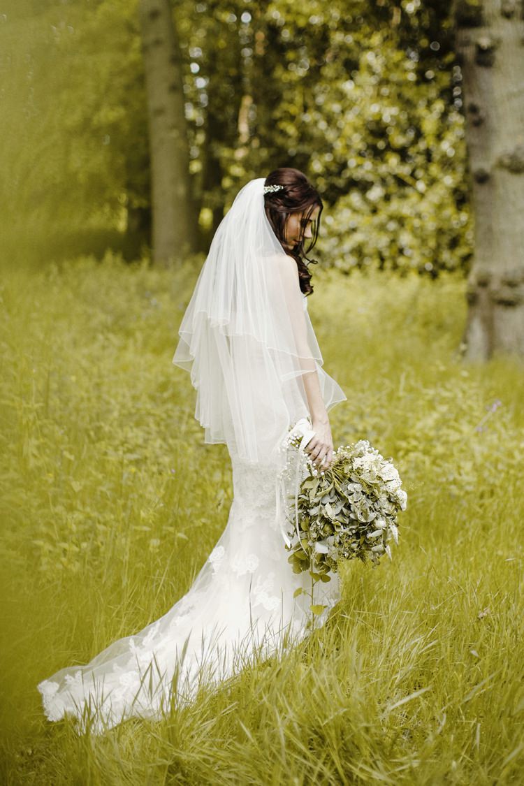 Bride Bridal Dress Gown Train Lace Veil Fishtail Nostalgic Playful Greenery Floral Garden Wedding http://jesspetrie.com/ 