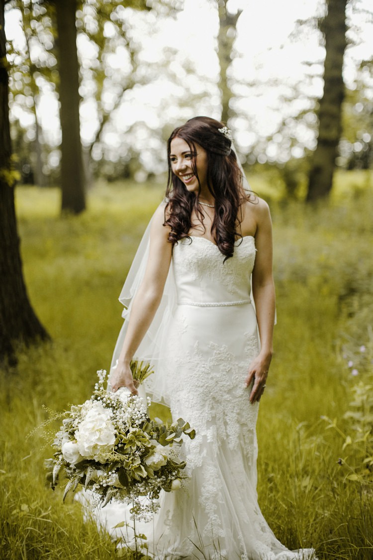 Strapless Lace Dress Gown Bride Bridal Fishtail Nostalgic Playful Greenery Floral Garden Wedding http://jesspetrie.com/