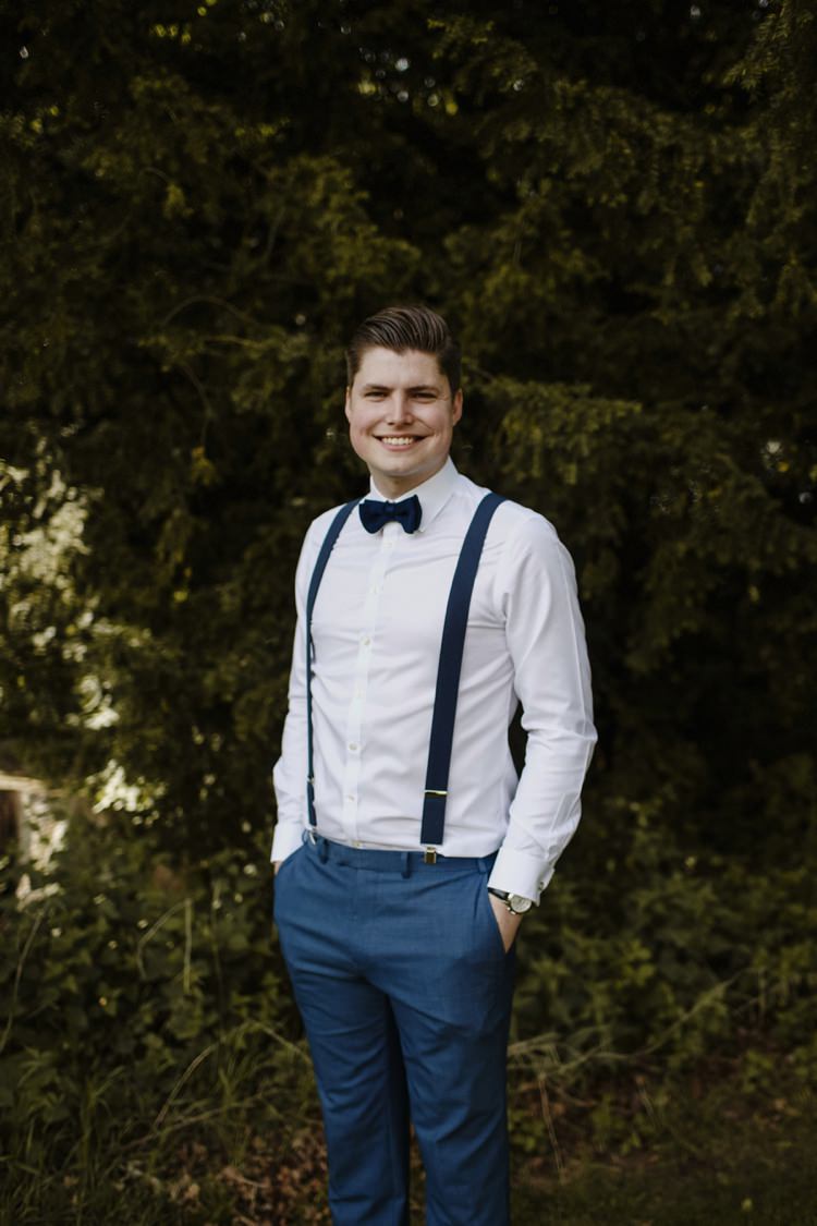 Groom Bow Tie Braces Style Outfit Nostalgic Playful Greenery Floral Garden Wedding http://jesspetrie.com/