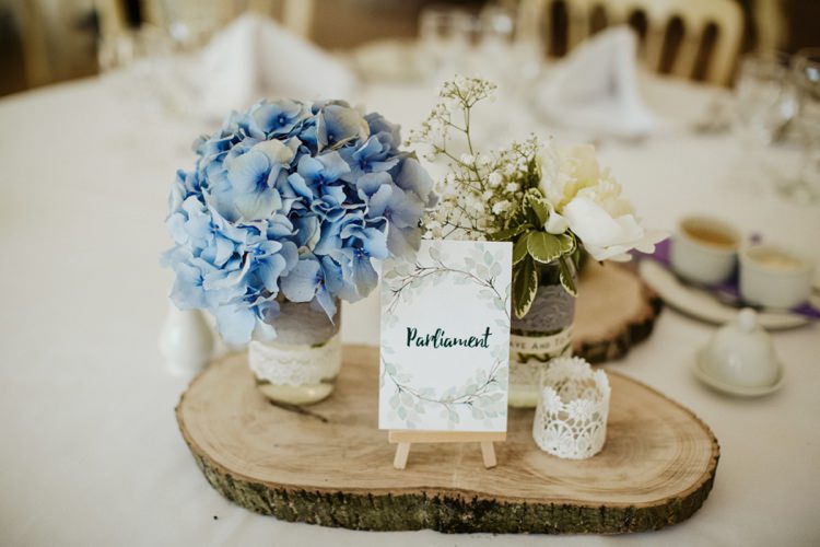 Log Centrepiece Decor Flowers Jar Hydrangea Peony Nostalgic Playful Greenery Floral Garden Wedding http://jesspetrie.com/
