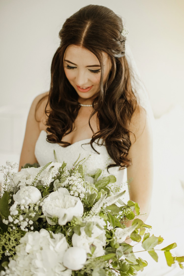Large Bouquet Bride Bridal Flowers White Foliage Peony Gypsophila Hydrangea Nostalgic Playful Greenery Floral Garden Wedding http://jesspetrie.com/