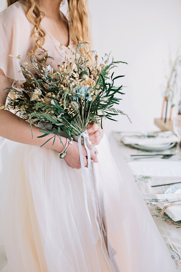 Bouquet Bride Bridal Flowers Dried Seed Feathers Ribbon Bohemian Natural Wedding Ideas http://www.sarahjanesphotography.com/