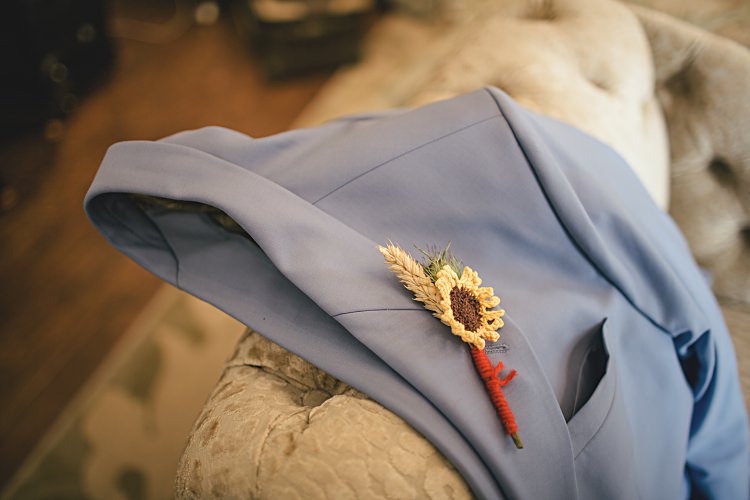 Kintted Sunflower Buttonhole Wheat Groom Colourful Home Made Vintage City Wedding http://kat-hill.com/
