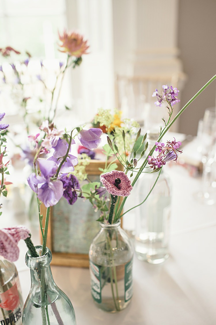 Bottle Flowers Knitted Decor Centrepiece Table Colourful Home Made Vintage City Wedding http://kat-hill.com/