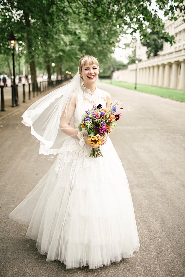 Dress Gown Bride Bridal 50s 1950s Lace Tulle Veil Colourful Home Made Vintage City Wedding http://kat-hill.com/