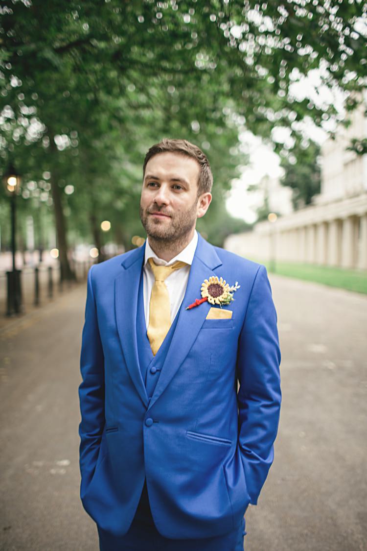 Blue Suit Groom Yellow Tie Accessories Style Attire Colourful Home Made Vintage City Wedding http://kat-hill.com/