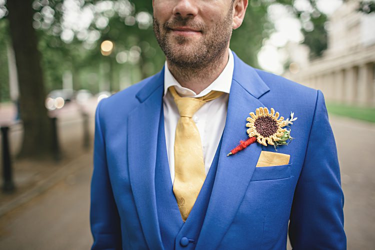 Kintted Sunflower Buttonhole Colourful Home Made Vintage City Wedding http://kat-hill.com/