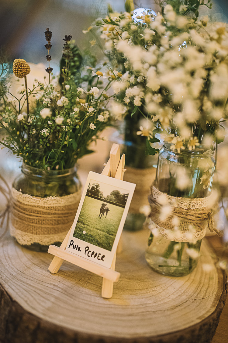 Centrepiece Flowers Log Table Decor Jar Hessian Lace Baby Breath Lavender Rustic Boho Summer Tipi Wedding https://www.luciewatsonphotography.com/