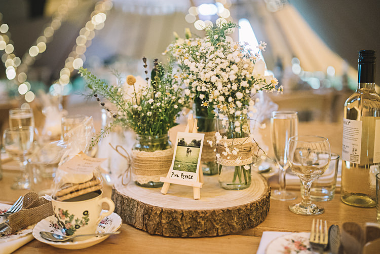 Centrepiece Flowers Log Table Decor Jar Hessian Lace Baby Breath Lavender Rustic Boho Summer Tipi Wedding https://www.luciewatsonphotography.com/
