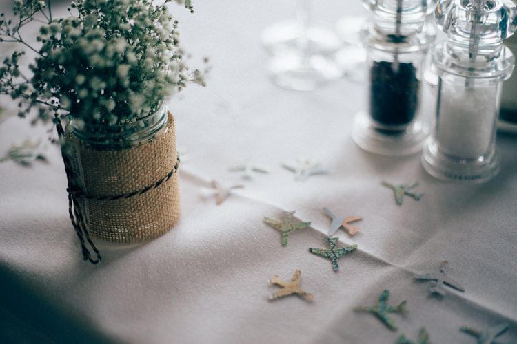 Confetti Table Flowers Jar Hessain Travel Aircraft Museum Wedding Concorde http://www.nikkivandermolen.com/