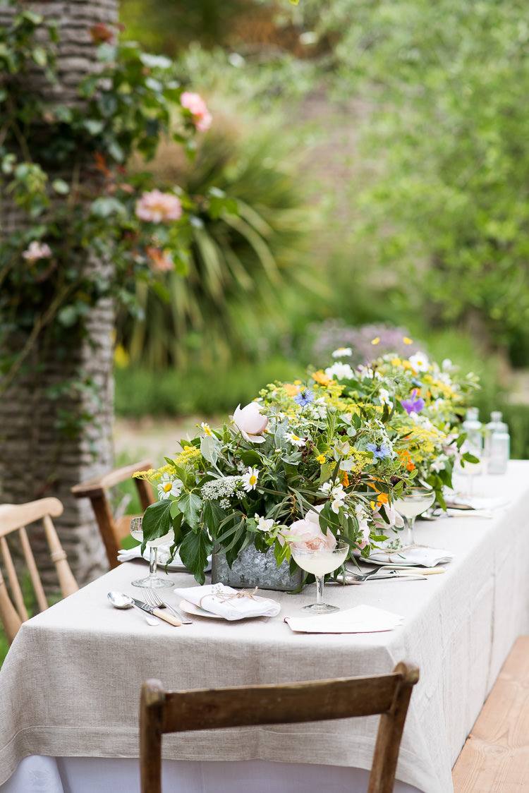 Galvanised Metal Steel Trough Rose Greenery Daisy Herbs Coupe Glass Table Setting Pretty Urban Nature Wedding Ideas http://www.fionasweddingphotography.co.uk/