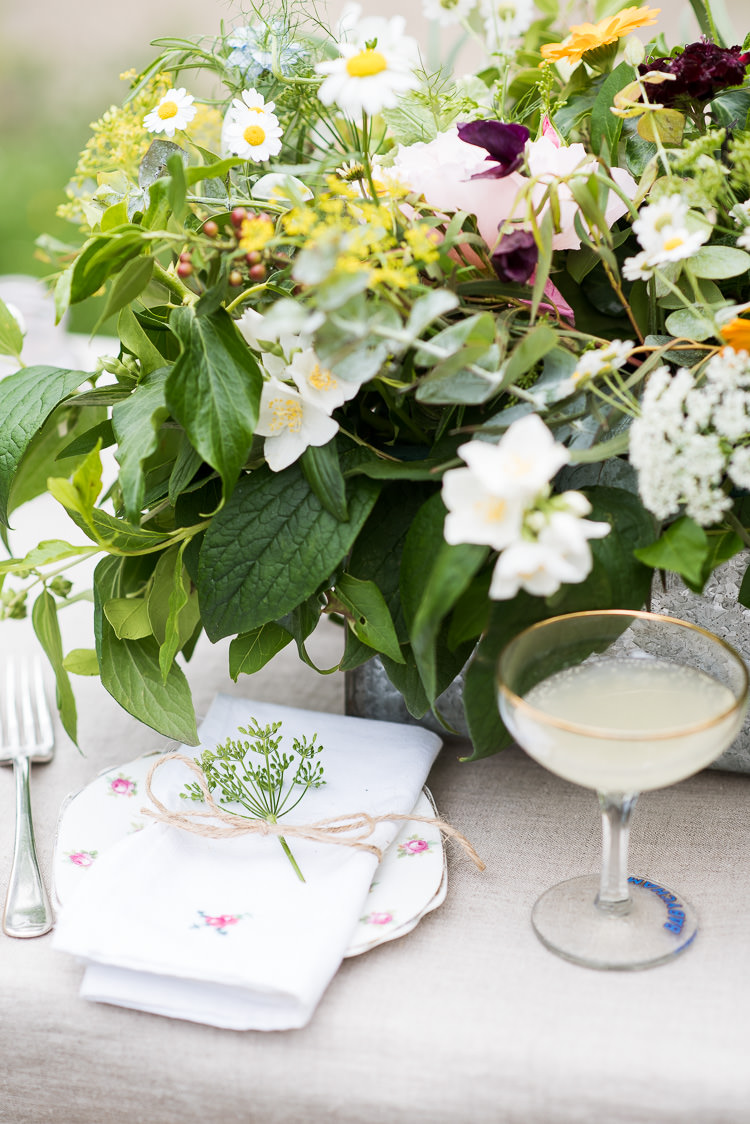 Berries Greenery Gypsophila Daisies Coupe Glass Babycham Vintage China Twine Pretty Urban Nature Wedding Ideas http://www.fionasweddingphotography.co.uk/