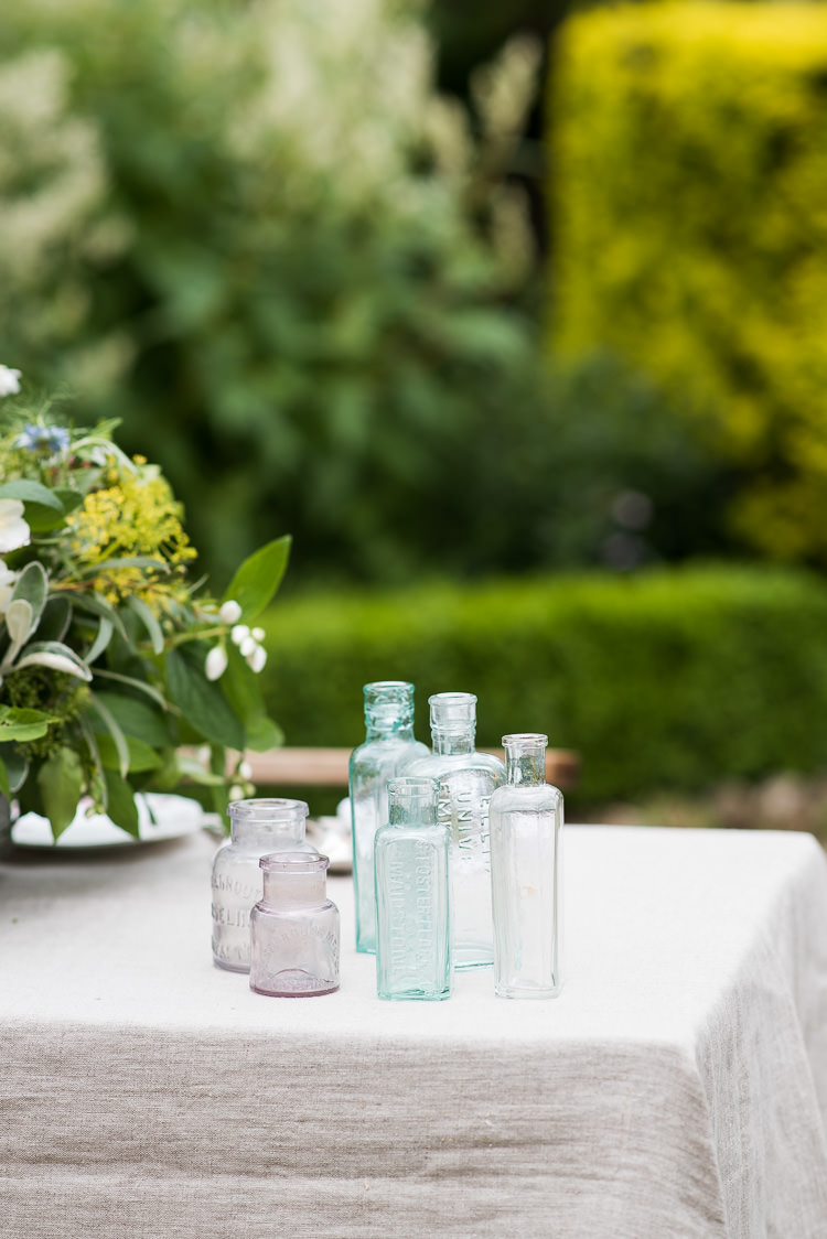 Linen Apothecary Bottles Glass Mismatched Pretty Urban Nature Wedding Ideas http://www.fionasweddingphotography.co.uk/