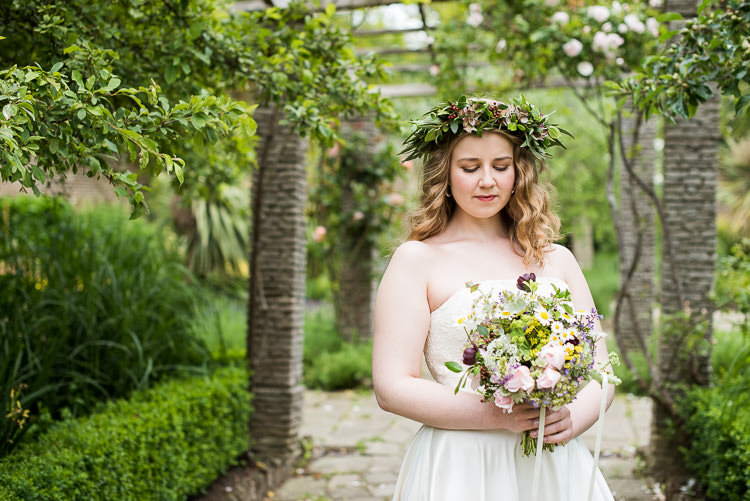 Bride Bridal Cathy Roberts Wedding Dress Gown Strapless Flower Crown Greenery Foliage Laurel Bouquet Rose Daisies Gypsophila Lavender Trailing Ribbon Pretty Urban Nature Wedding Ideas http://www.fionasweddingphotography.co.uk/