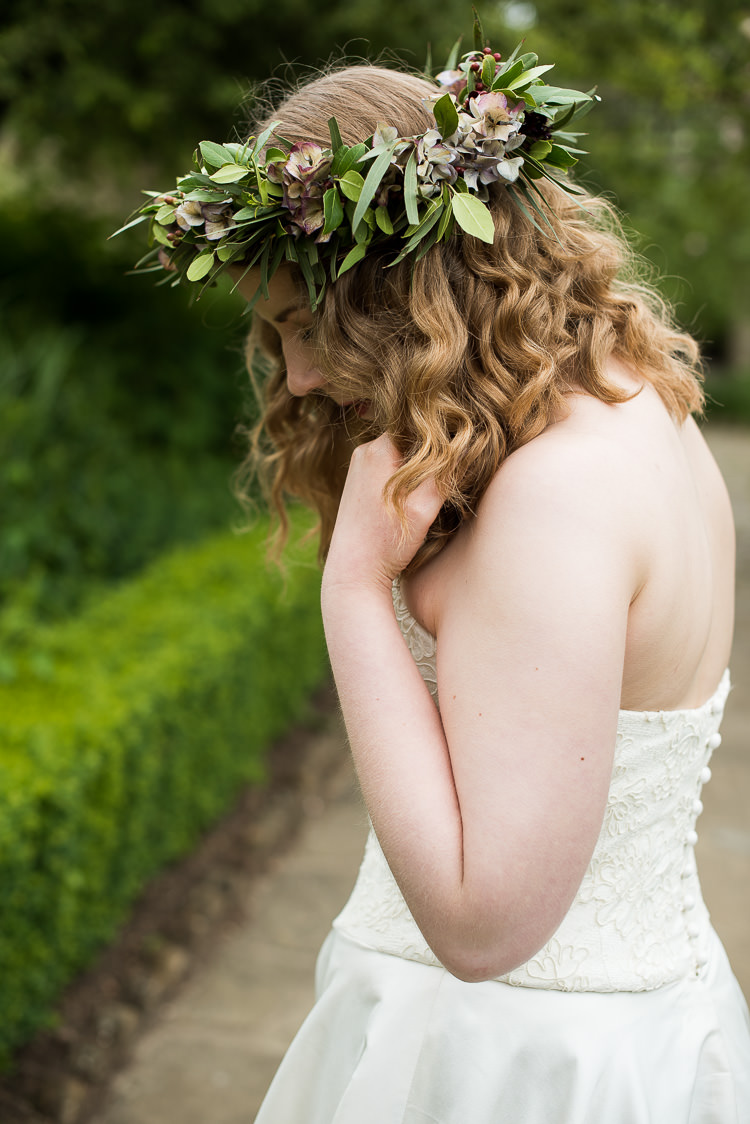 Bride Bridal Cathy Roberts Wedding Dress Gown Strapless Flower Crown Greenery Foliage Laurel Pretty Urban Nature Wedding Ideas http://www.fionasweddingphotography.co.uk/