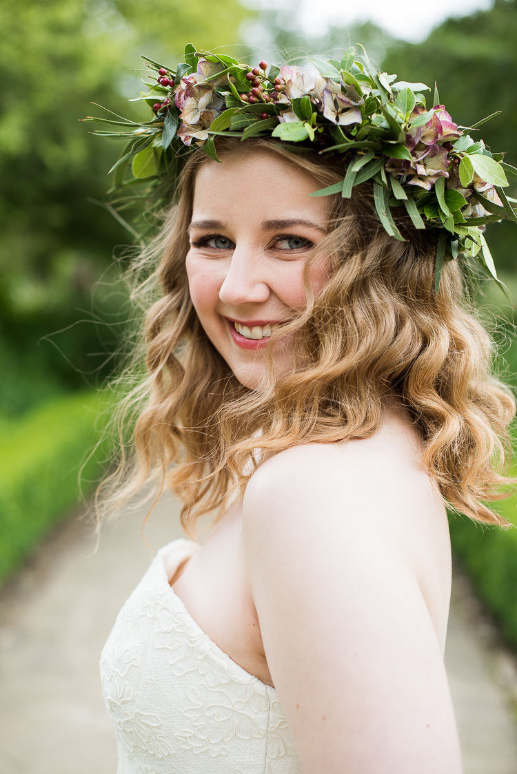 Bride Bridal Cathy Roberts Dress Gown Flower Crown Foliage Greenery Laurel Berries Pretty Urban Nature Wedding Ideas http://www.fionasweddingphotography.co.uk/