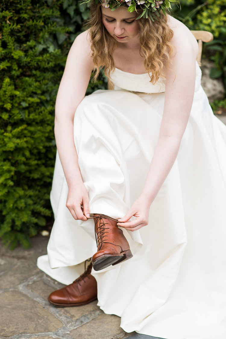 Bride Bridal Cathy Roberts Wedding Dress Gown Strapless Flower Crown Greenery Foliage Laurel Lace Up Boots Leather Pretty Urban Nature Wedding Ideas http://www.fionasweddingphotography.co.uk/