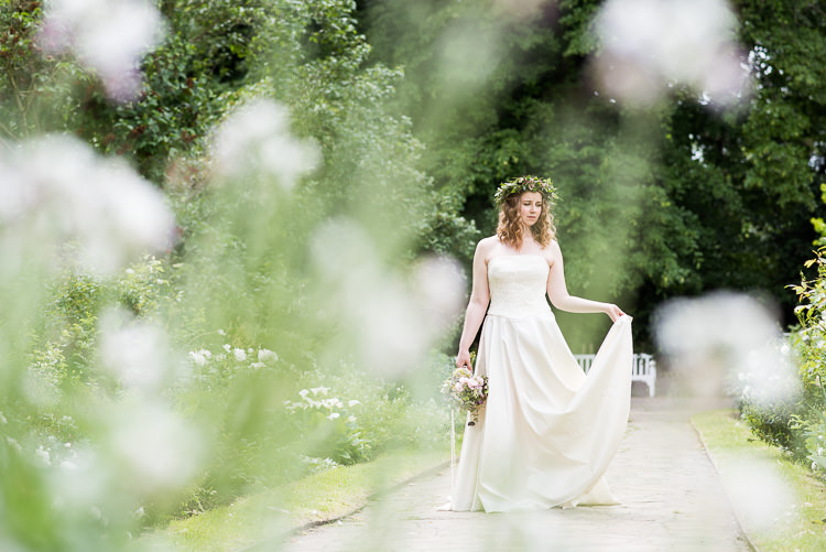 Bride Bridal Cathy Roberts Wedding Dress Gown Strapless Flower Crown Greenery Foliage Laurel Bouquet Rose Daisies Gypsophila Lavender Trailing Ribbon Pretty Urban Nature Wedding Ideas http://www.fionasweddingphotography.co.uk/