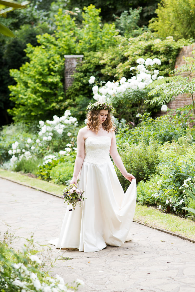 Bride Bridal Cathy Roberts Wedding Dress Gown Strapless Flower Crown Greenery Foliage Laurel Bouquet Rose Daisies Gypsophila Lavender Trailing Ribbon Pretty Urban Nature Wedding Ideas http://www.fionasweddingphotography.co.uk/