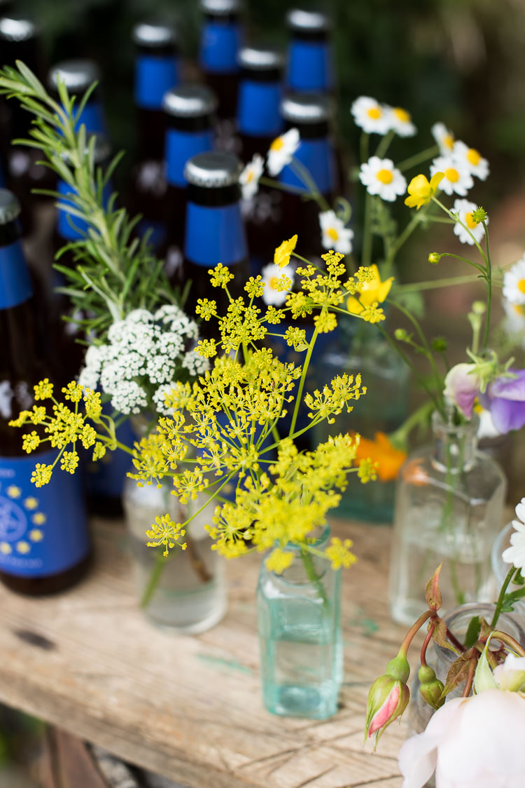 Apothecary Bottles Gypsophila Daisy Rosemary Yellow Cow Parsley Pretty Urban Nature Wedding Ideas http://www.fionasweddingphotography.co.uk/