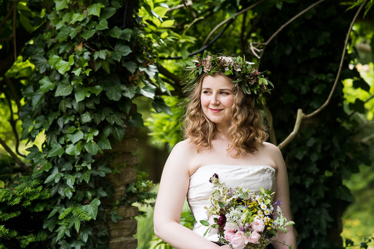 Bride Bridal Cathy Roberts Wedding Dress Gown Strapless Flower Crown Greenery Foliage Laurel Bouquet Rose Daisies Gypsophila Lavender Trailing Ribbon Pretty Urban Nature Wedding Ideas http://www.fionasweddingphotography.co.uk/