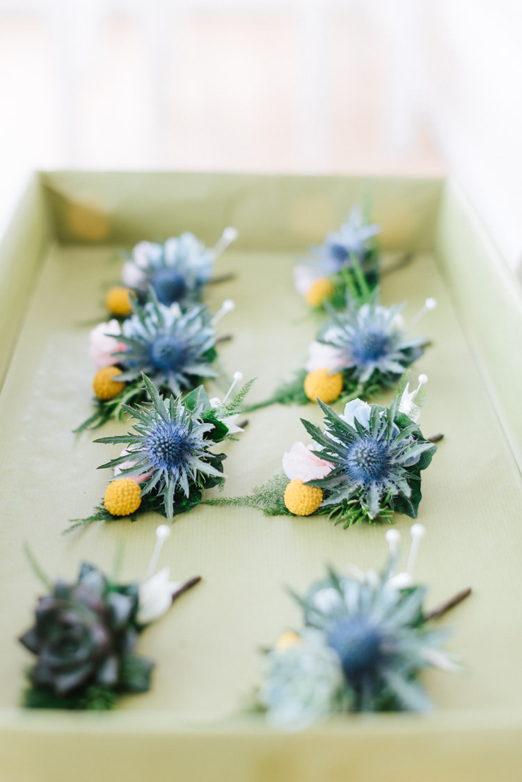 Buttonholes Thistle Billy Ball Groom Whimsical Wedding Sea Rustic Barn http://sugarbirdphoto.co.uk/