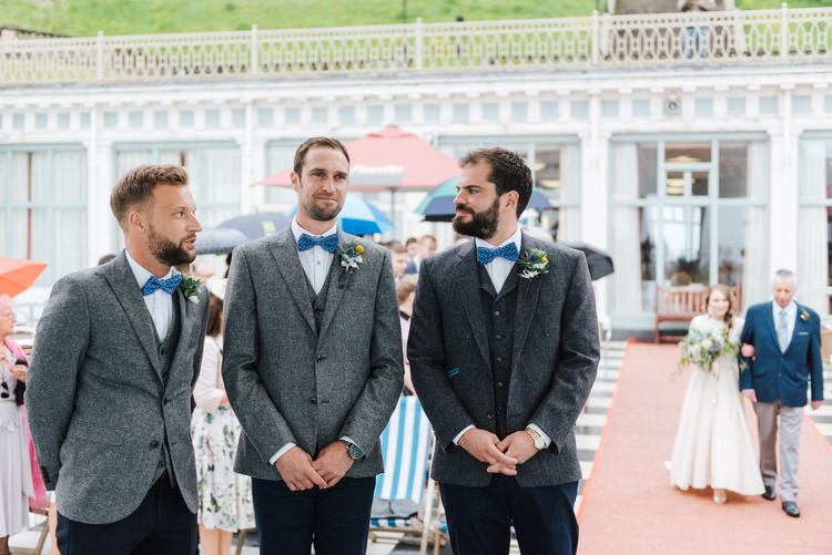 Grey Tweed Suit Chinos Bow Tie Groom Groomsmen Whimsical Wedding Sea Rustic Barn http://sugarbirdphoto.co.uk/