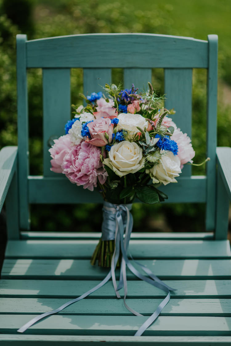 Peony Rose Pink Bouquet Ribbon Bride Bridal Enchanting Cornflower Blue Marquee Wedding https://burfly.co.uk/
