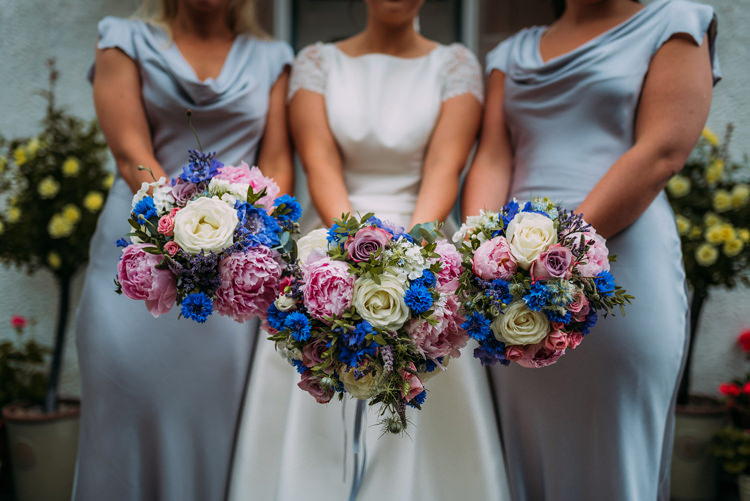 Pink Flowers Bouquet Bride Bridal Bridesmaids Peony Rose Enchanting Cornflower Blue Marquee Wedding https://burfly.co.uk/