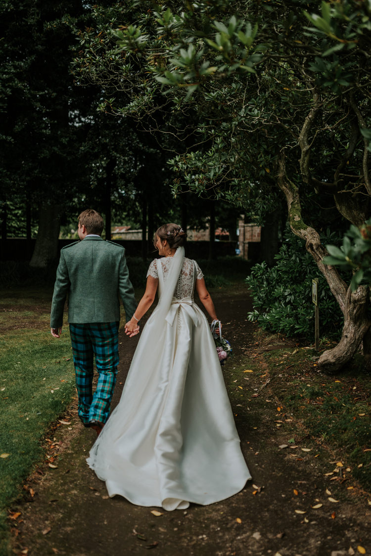 Pronovias Dress Gown Bride Bridal Cap Sleeves Lace Bow Veil Enchanting Cornflower Blue Marquee Wedding https://burfly.co.uk/