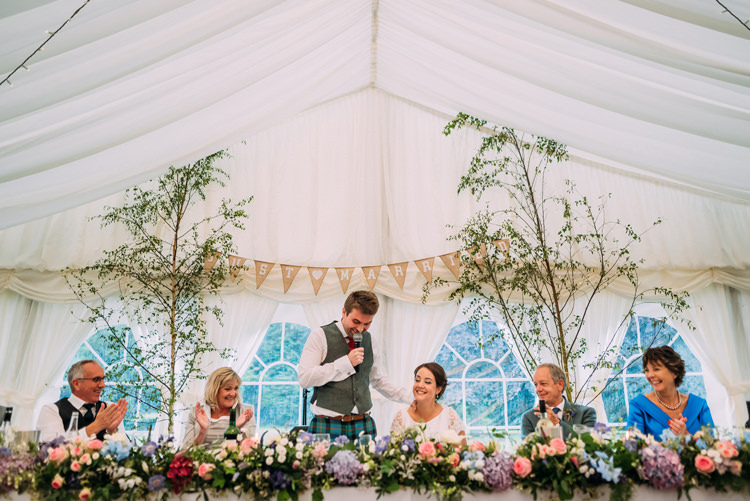 Top Table Flowers Garland Swag Trees Enchanting Cornflower Blue Marquee Wedding https://burfly.co.uk/